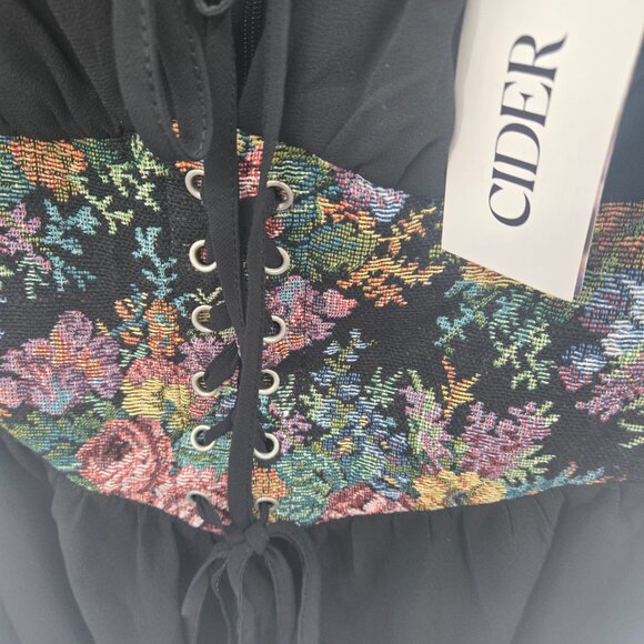 Cider Black Tapestry Lace Up Mini Lined Dress Size Small - Picture 11 of 13